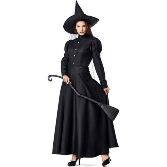 Dresses & Skirts - (4PC) Halloween Costume Black Witch Dress Long Maxi Petticoat Hat Hat scarf
